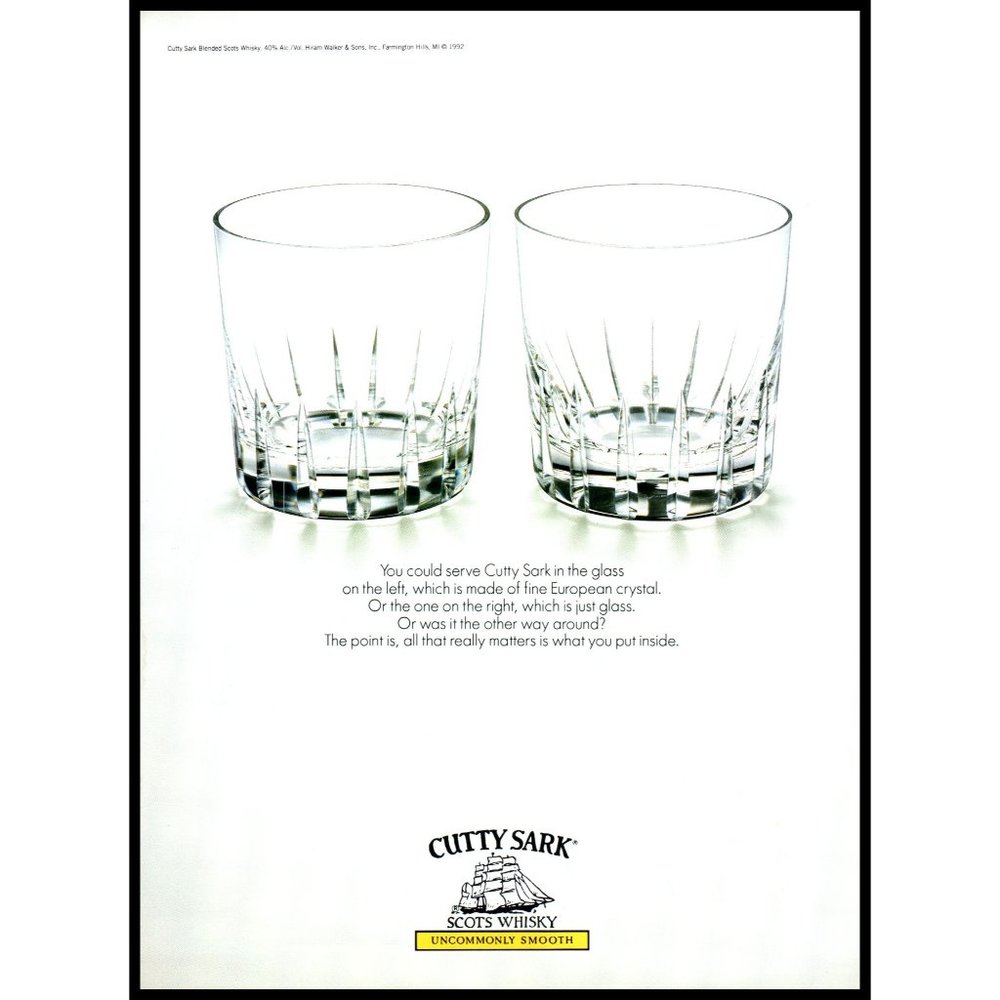1992 Cutty Sark Scotch Whisky Vintage Print Ad Empty Crystal Glass Wall Art